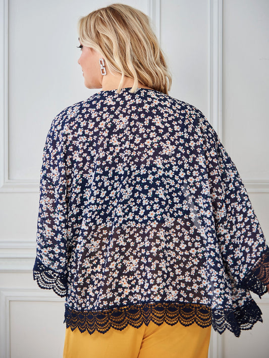 Kimono à fleurs, grande taille, bleu - SHEIN