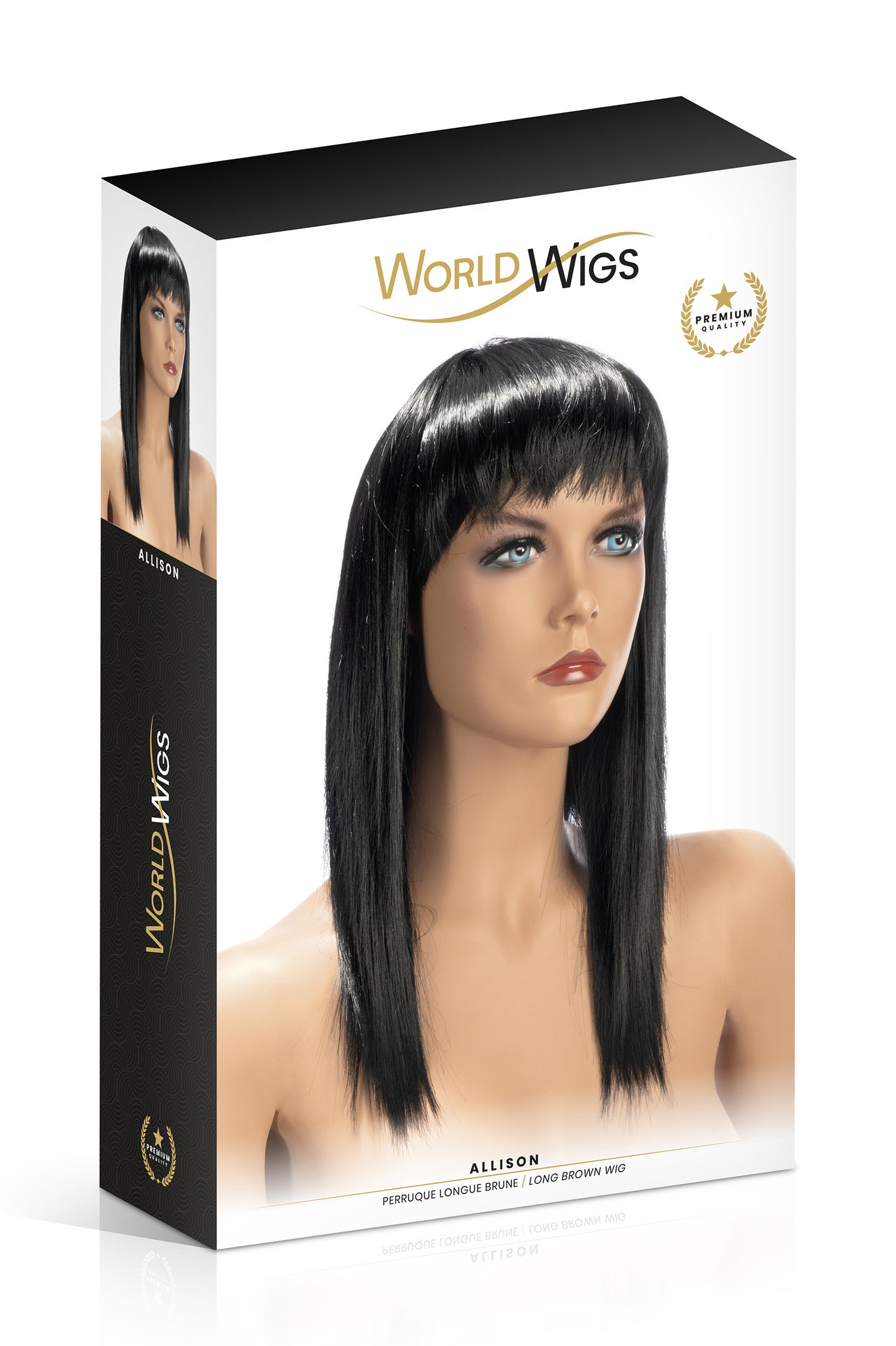 Perruque longue et lisse Allison en noir avec frange de la marque World Wigs dans son packaging