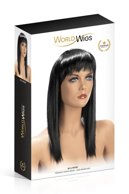 Perruque longue et lisse Allison en noir avec frange de la marque World Wigs dans son packaging