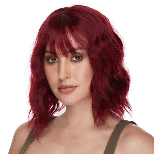 perruque synthétique aux cheveux mi-longs et ondulés de couleur rouge cuivré