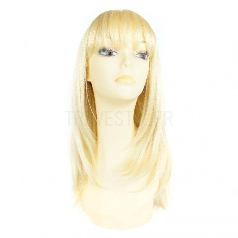 Lollipop est une perruque lisse et mi-longue en blond platine avec une large frange et dont les cheveux synthétiques résistent à la chaleur.