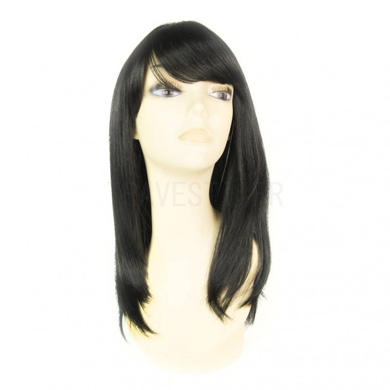 Lollipop est une perruque lisse et mi-longue en noir avec une large frange et dont les cheveux synthétiques résistent à la chaleur.