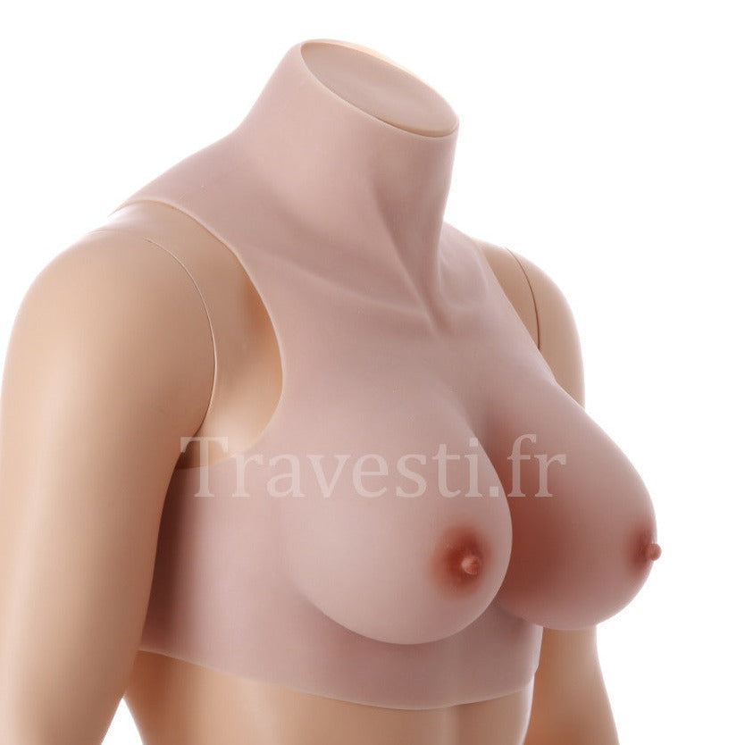Poitrine réaliste en silicone à col montant, sans manches, bonnet D, très clair