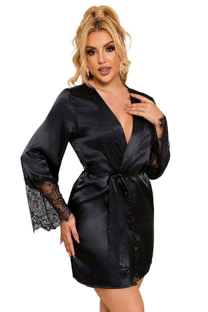 Déshabillé en satin et dentelle, noir - Paris Hollywood