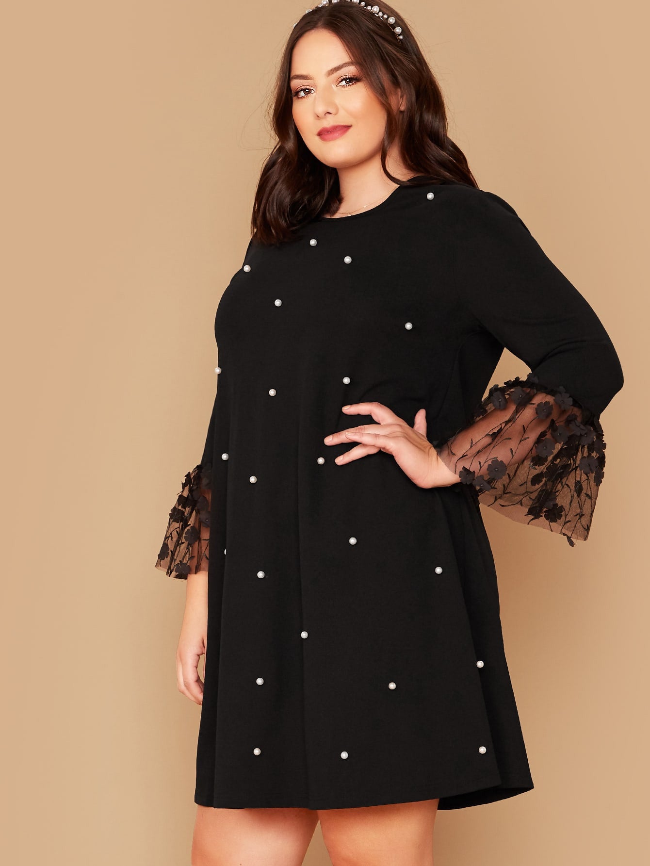 Robe tunique à perles et manches 3/4, noir - SHEIN