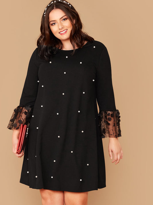 Robe tunique à perles et manches 3/4, noir - SHEIN