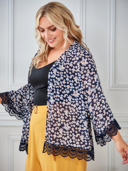 Kimono à fleurs, grande taille, bleu - SHEIN