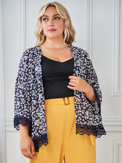 Kimono à fleurs, grande taille, bleu - SHEIN