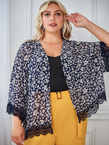 Kimono à fleurs, grande taille, bleu - SHEIN