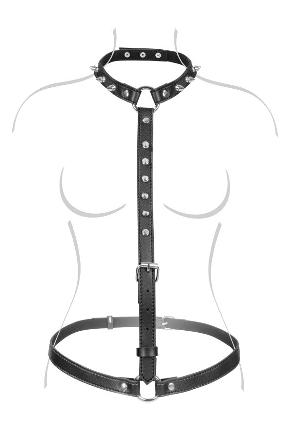 Harnais buste ajustable aspect cuir avec rivets à pointes métal - Fetish Tentation