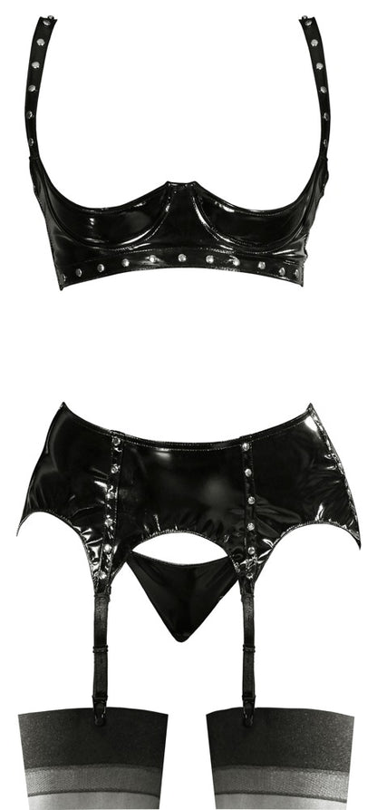 Ensemble de lingerie en vinyle avec rivets, noir - Black Level