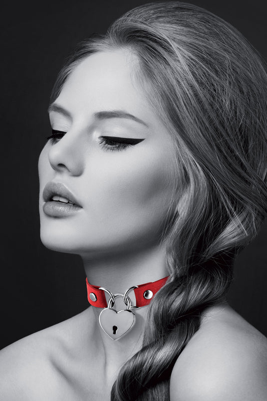 Collier en simili cuir avec cadenas cœur argenté, rouge - Bijoux pour toi