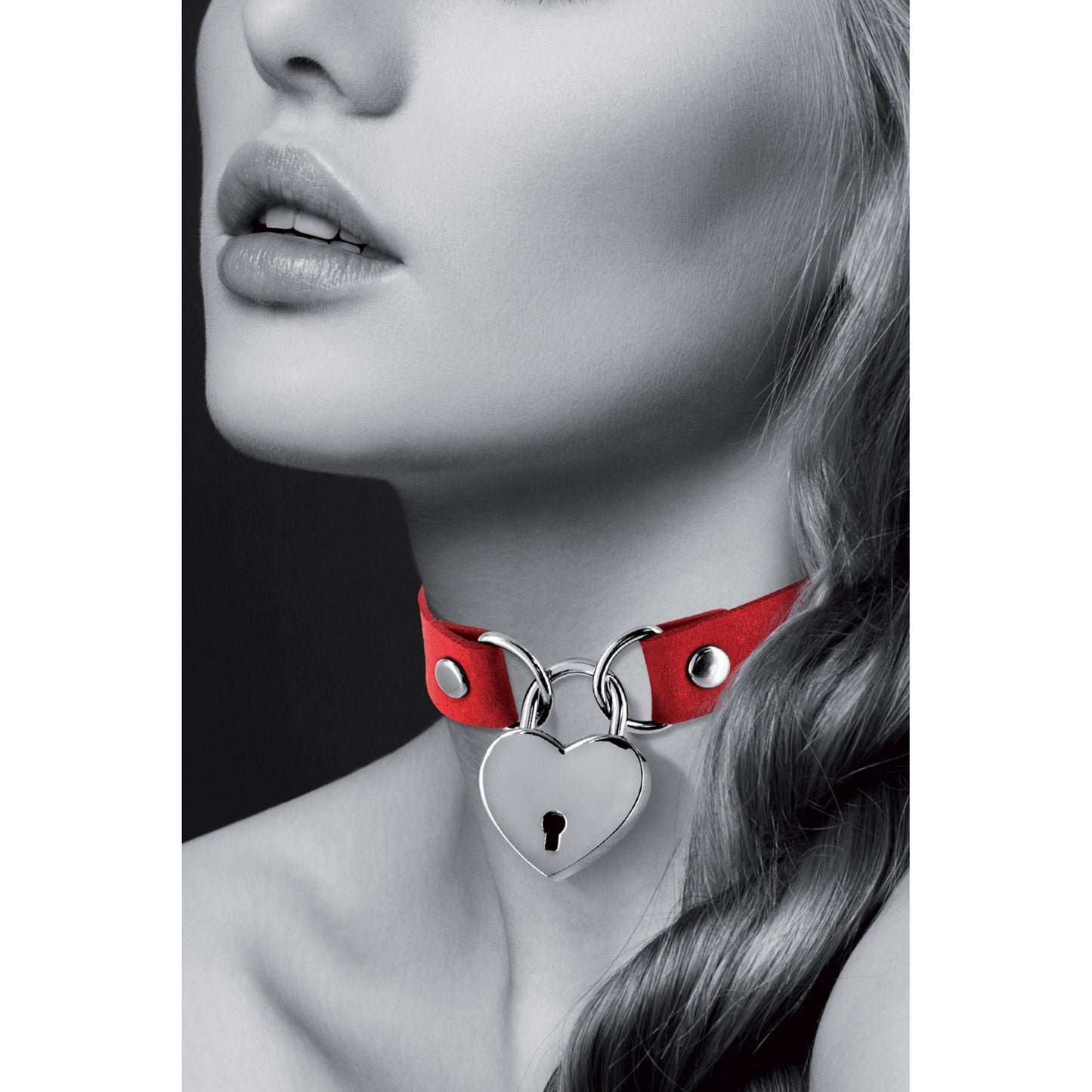 Collier en simili cuir avec cadenas cœur argenté, rouge - Bijoux pour toi