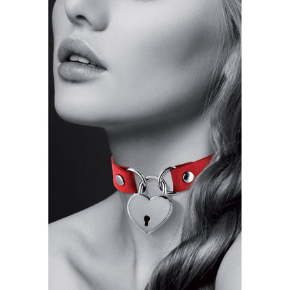 Collier en simili cuir avec cadenas cœur argenté, rouge - Bijoux pour toi