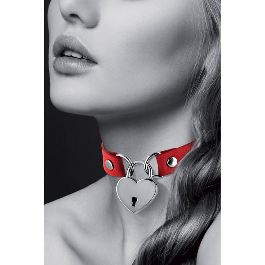 Collier en simili cuir avec cadenas cœur argenté, rouge - Bijoux pour toi