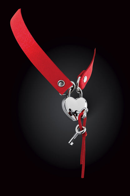 Collier en simili cuir avec cadenas cœur argenté, rouge - Bijoux pour toi