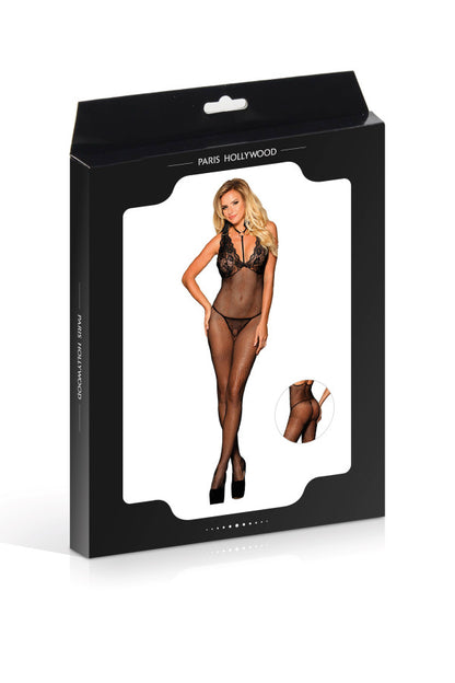 Combinaison ouverte résille et dentelle, noir - Paris Hollywood