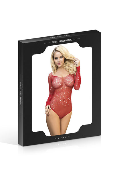 Body en résille avec strass, rouge - Paris Hollywood