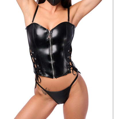 Corset aspect cuir et string Afunia, noir marque Chilirose, vue avec bretelles