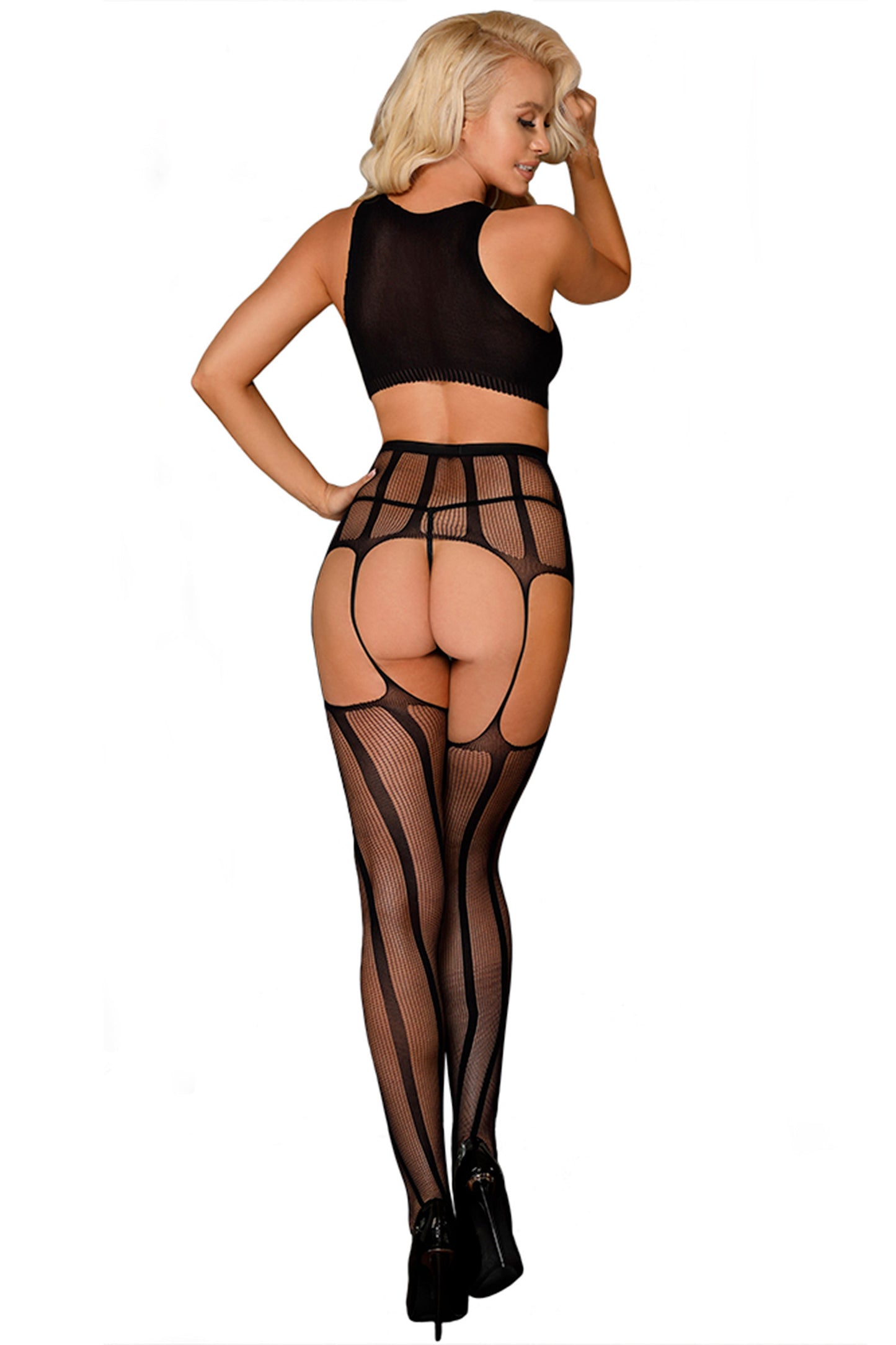 Ensemble de lingerie avec top brassière et collants effet porte-jarretelles en noir de la marque Rougir de Désir de dos