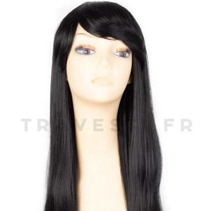 Aphrodite est une perruque de la marque Mane Muse en brun, très longue et synthétique avec une longue frange et dont les cheveux lisses résistent à la chaleur.