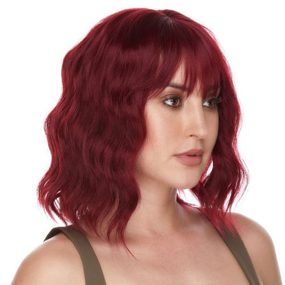 perruque synthétique aux cheveux mi-longs et ondulés de couleur rouge cuivré