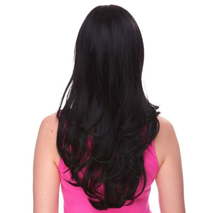 Kristen en noir est une perruque longue synthétique en fibre Futura de la marque Sepia avec une large frange et des cheveux longs.