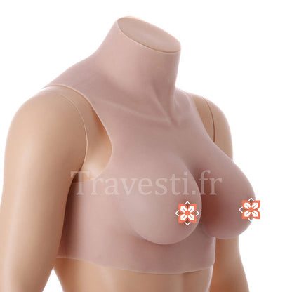 Poitrine réaliste en silicone à col montant, sans manches, bonnet C, très clair, sur maannequin