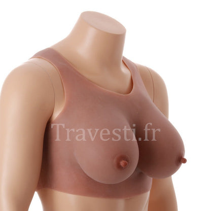 Poitrine réaliste en silicone à col rond, sans manches, bonnet E, hâle léger